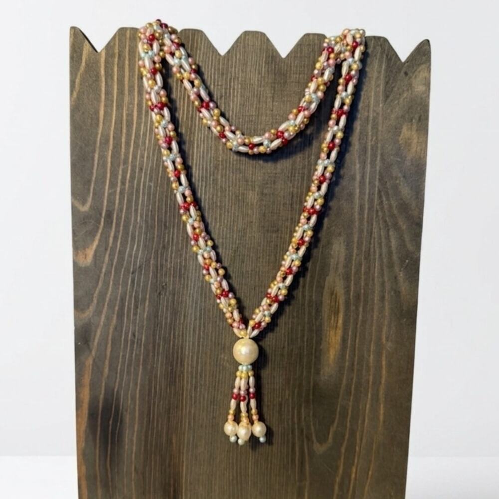 Vintage 1960s Multi Strand Beaded Rope Lariat Tassel Necklace
